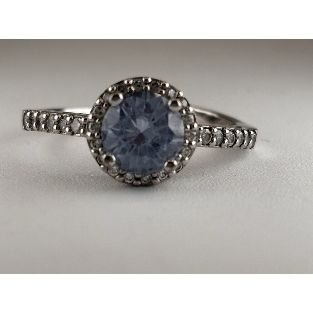 925 Sterling and Aquamarine Ring CZ Halo Sz 9.75 Signed SW